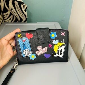 Disney Parks Minnie Mouse black faux leather wallet wristlet strap patches.